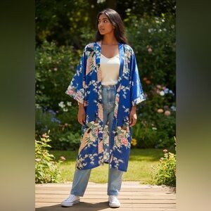 VINTAGE NK SILK Asian Motif Robe‎ Kimono Blue OS